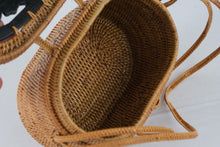 Load image into Gallery viewer, Handwoven Rattan Basket Purse Black Carved Floral Lid Shoulder Bag 6 by 4
