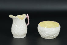 Load image into Gallery viewer, Vintage Belleek Ireland Creamer & Sugar Bowl – Yellow Interior, Pink Handle