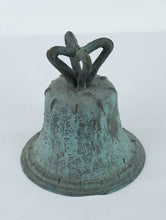 Load image into Gallery viewer, Antique Chinese Bronze Bell (Temple or Ritual Bell) with Internal Clapper – Verdigris Patina (9” Tall)