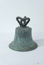 Load image into Gallery viewer, Antique Chinese Bronze Bell (Temple or Ritual Bell) with Internal Clapper – Verdigris Patina (9” Tall)