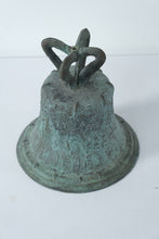 Load image into Gallery viewer, Antique Chinese Bronze Bell (Temple or Ritual Bell) with Internal Clapper – Verdigris Patina (9” Tall)