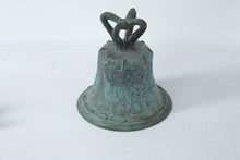 Load image into Gallery viewer, Antique Chinese Bronze Bell (Temple or Ritual Bell) with Internal Clapper – Verdigris Patina (9” Tall)