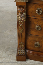 Load image into Gallery viewer, Bernhardt Empire Style Burl Wood Bachelor’s Chest with Marble Top and Lion Carvings