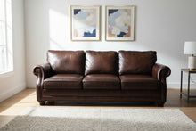 Load image into Gallery viewer, Bernhardt Brown Leather Three Cushion Sofa with Nailhead Trim