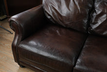 Load image into Gallery viewer, Bernhardt Brown Leather Three Cushion Sofa with Nailhead Trim