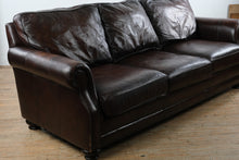 Load image into Gallery viewer, Bernhardt Brown Leather Three Cushion Sofa with Nailhead Trim