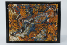 Load image into Gallery viewer, Vintage Hunting Bird Upholstered Footstool Black Wood Needlepoint Ottoman