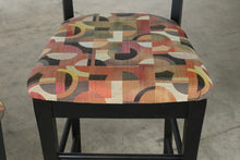 Load image into Gallery viewer, Pair Black Wood 30 Inch Bar Stools Upholstered Geometric Seats Ladder Backs