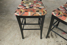 Load image into Gallery viewer, Pair Black Wood 30 Inch Bar Stools Upholstered Geometric Seats Ladder Backs
