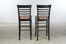 Load image into Gallery viewer, Pair Black Wood 30 Inch Bar Stools Upholstered Geometric Seats Ladder Backs