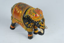 Load image into Gallery viewer, Hand Painted Indian Elephant Figurine Black Orange Yellow Ceremonial Decor 11 Inch