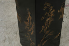 Load image into Gallery viewer, Vintage Asian Black Lacquer Pedestal Stand Gold Landscape Chinoiserie 30 Inch