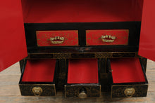 Load image into Gallery viewer, Chinese Black Lacquer Cabinet with Raised Figural Panels