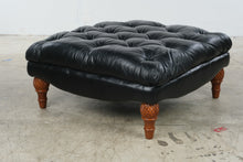 Load image into Gallery viewer, Black Leather Tufted Oversized Ottoman with Carved Wood Legs