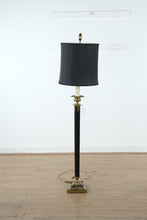 Load image into Gallery viewer, Brass & Black Column Floor Lamp with Drum Shade – Classic Mid-Century Elegance