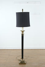 Load image into Gallery viewer, Brass & Black Column Floor Lamp with Drum Shade – Classic Mid-Century Elegance