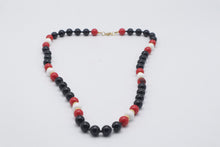 Load image into Gallery viewer, Black Red White Beaded Necklace Gold Tone Statement Jewelry