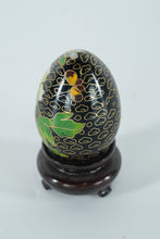Load image into Gallery viewer, Chinese Cloisonné Enamel Egg with White Peony Blossoms & Butterfly – Black Ground – 3" Decorative Egg w/ Stand