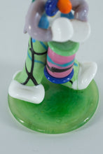 Load image into Gallery viewer, Hand-Blown Art Glass Clown Figurine with Colorful Drum – Vibrant Circus Miniature on Green Base