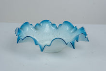 Load image into Gallery viewer, Blue Opalescent Glass Ruffled Bowl White Interior Silver Fleck 12 Inch
