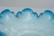 Load image into Gallery viewer, Blue Opalescent Glass Ruffled Bowl White Interior Silver Fleck 12 Inch