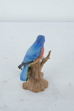 Load image into Gallery viewer, Vintage Bluebird Figurine on Tree Stump with Flowers – Hand Painted Porcelain Bird Statue 7”