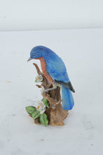 Load image into Gallery viewer, Vintage Bluebird Figurine on Tree Stump with Flowers – Hand Painted Porcelain Bird Statue 7”