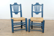 Load image into Gallery viewer, Pair Mexican Folk Art Blue Ladderback Chairs with Handwoven Rush Seats