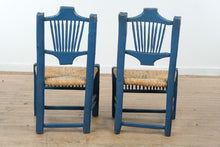 Load image into Gallery viewer, Pair Mexican Folk Art Blue Ladderback Chairs with Handwoven Rush Seats