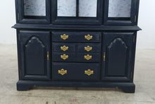 Load image into Gallery viewer, Vintage American of Martinsville Navy Blue China Cabinet with Botanical Backing – 80 Inches