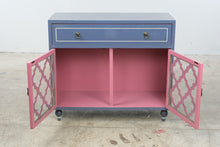 Load image into Gallery viewer, Heather Ann Creations Blue and Pink Wood Cabinet with Moroccan Lattice Doors