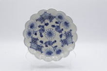 Load image into Gallery viewer, Antique Japanese Arita Blue White Porcelain Chrysanthemum Scalloped Bowl 7 Inch