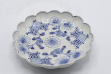 Load image into Gallery viewer, Antique Japanese Arita Blue White Porcelain Chrysanthemum Scalloped Bowl 7 Inch