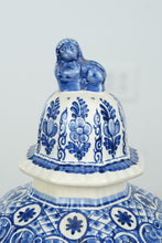 Load image into Gallery viewer, Hand Painted Delft Blue Style Lidded Ginger Jar with Lion Finial Floral Ceramic 16 Inch