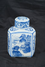 Load image into Gallery viewer, Blue & White Porcelain Tea Caddy Jar with Lid Scenic Landscape Chinoiserie Decor 9"