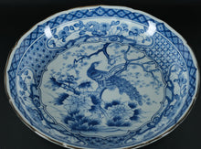 Load image into Gallery viewer, Blue & White Porcelain Charger – 14" Scalloped Rim Peacock & Peony Plate with Floral Border – Marked Asian Decorative Bowl