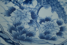 Load image into Gallery viewer, Blue & White Porcelain Charger – 14" Scalloped Rim Peacock & Peony Plate with Floral Border – Marked Asian Decorative Bowl