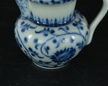 Load image into Gallery viewer, Blue & White Porcelain Mini Pitcher – Floral Scroll Design, 4" Tall, Marked Base