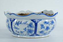 Load image into Gallery viewer, Blue & White Ceramic Planter – Scalloped Rim Jardinière with Bird & Vine Pattern