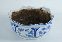 Load image into Gallery viewer, Blue & White Ceramic Planter – Scalloped Rim Jardinière with Bird & Vine Pattern