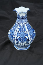 Load image into Gallery viewer, Blue & White Porcelain Vase Scalloped Rim Floral Motif Decorative Chinoiserie Vase 11"