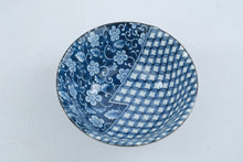 Load image into Gallery viewer, Japanese Blue White Porcelain Rice Bowl Floral Lattice Geometric Design 6 Inch