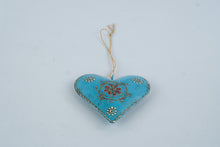 Load image into Gallery viewer, Turquoise Blue Metal Heart Wall Hanging 6 Inch Embossed Floral Folk Art Ornament