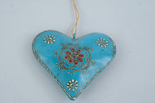 Load image into Gallery viewer, Turquoise Blue Metal Heart Wall Hanging 6 Inch Embossed Floral Folk Art Ornament
