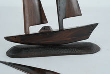 Load image into Gallery viewer, Hand-Carved Wooden Sailboat Sculpture with Base β 11" Tall
