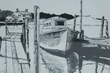 Load image into Gallery viewer, Vintage Framed Black & White Harbor Etching Print Signed & Dated 1976 – Coastal Boat Scene 17x21.5
