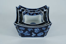 Load image into Gallery viewer, Bombay Blue & White Porcelain Square Bowl Set – Butterfly & Floral Pattern – Set of 3, Nesting
