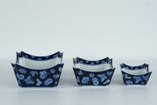 Load image into Gallery viewer, Bombay Blue & White Porcelain Square Bowl Set – Butterfly & Floral Pattern – Set of 3, Nesting