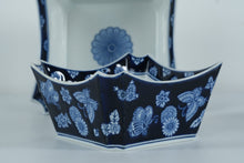 Load image into Gallery viewer, Bombay Blue & White Porcelain Square Bowl Set – Butterfly & Floral Pattern – Set of 3, Nesting