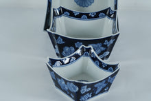 Load image into Gallery viewer, Bombay Blue & White Porcelain Square Bowl Set – Butterfly & Floral Pattern – Set of 3, Nesting